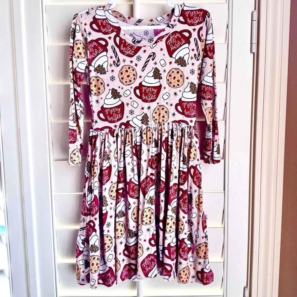 Monkeeroos Bamboo Merry & Bright Holiday Twirl Dress Festive Treat Print Size 2T